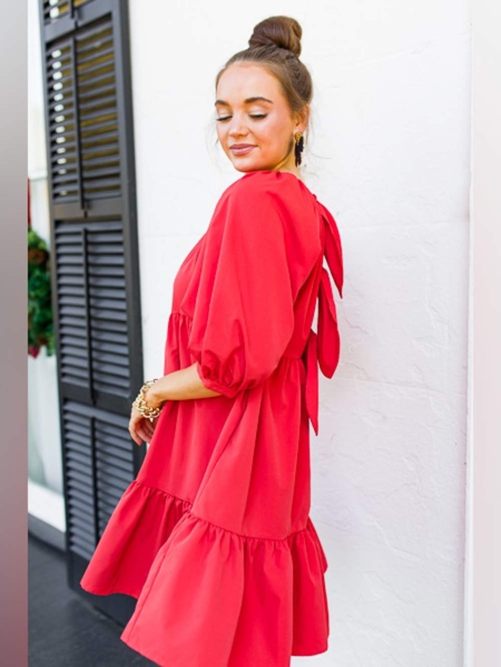 Sweet Magnolia Red Puff-Sleeve Tiered Dress with Bows in back, size XL - Picture 9 of 9